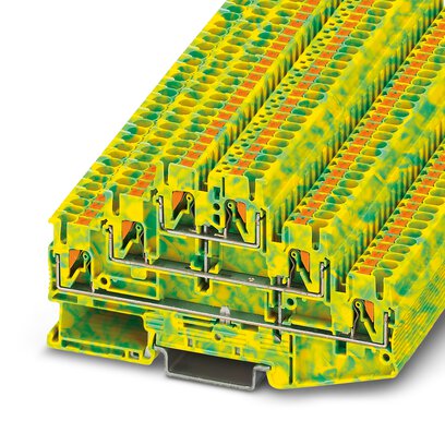 Phoenix Contact Ground - Multi-Level Terminal Block; PT 2.5-3PE; 3-Level; #26 - #12; Push-In Connection; Green-Yellow
